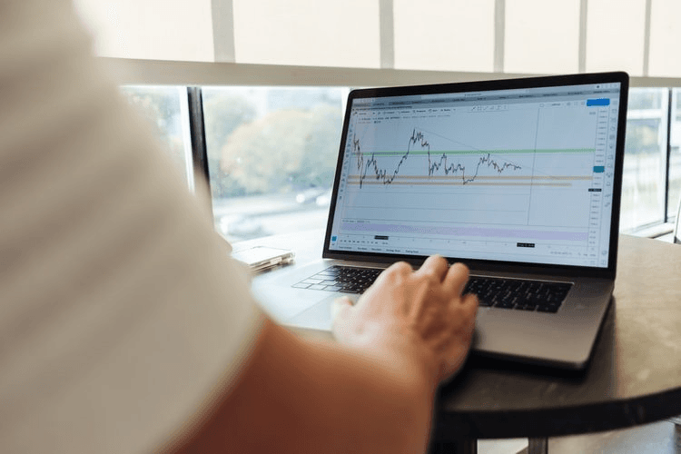 Person analyzing a price chart on a laptop, reviewing market trends and trading levels.