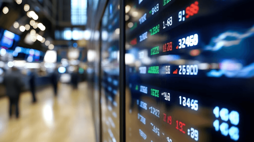 A side-angle view of a digital stock market display board inside a large financial building.